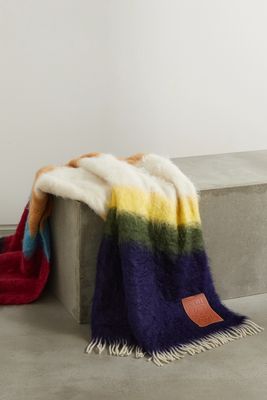 Loewe - Leather-trimmed Fringed Striped Mohair-blend Blanket - Yellow