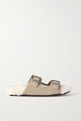 Brunello Cucinelli - Bead-embellished Shearling-lined Suede Sandals - Neutrals