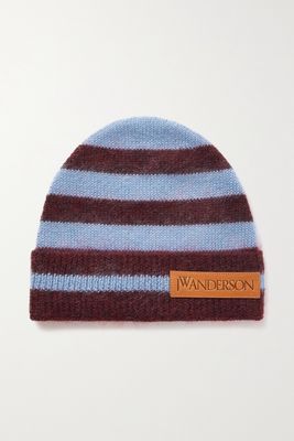 JW Anderson - Leather-trimmed Striped Knitted Beanie - Blue
