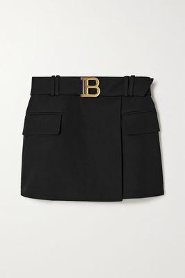 Balmain - Belted Wrap-effect Wool-twill Mini Skirt - Black
