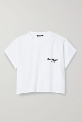 Balmain - Cropped Flocked Cotton-jersey T-shirt - White