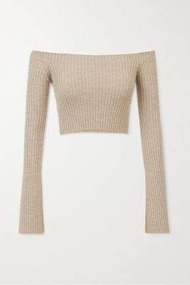 Chloé - Off-the-shoulder Cropped Ribbed Wool And Cashmere-blend Sweater - Gray