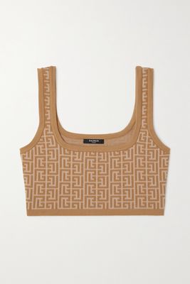 Balmain - Cropped Metallic Jacquard-knit Wool-blend Top - Brown