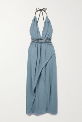 Caravana - Alak Open-back Leather-trimmed Cotton-gauze Maxi Dress - Blue