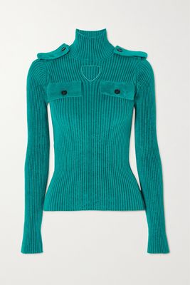 Bottega Veneta - Cutout Ribbed Velour Turtleneck Sweater - Blue