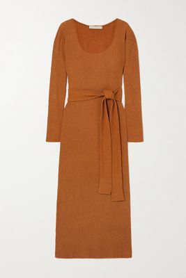Savannah Morrow - Rum Belted Crinkled Silk And Bamboo-blend Midi Dress - Orange