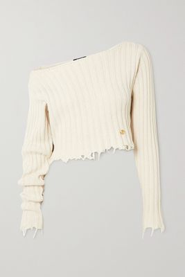 Balmain - Off-the-shoulder Distressed Ribbed Cotton-blend Sweater - Ivory