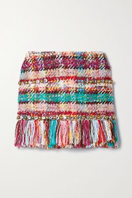 AREA - Embellished Fringed Checked Tweed Mini Skirt - Red