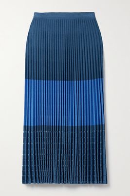 PARTOW - Jade Striped Pleated Crochet-knit Cotton-blend Midi Skirt - Blue