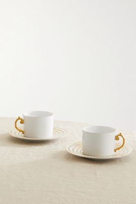 L'Objet - Perlée Set Of Two Gold-plated Porcelain Teacup And Saucers - White