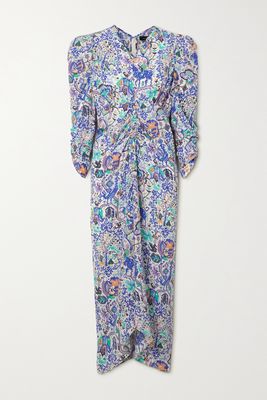 Isabel Marant - Albi Ruched Printed Silk-blend Crepe Midi Dress - Blue