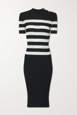 Balmain - Button-embellished Striped Ribbed Wool Midi Dress - Black