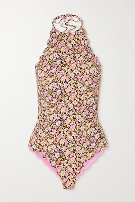 Marysia - Mott Reversible Scalloped Floral-print Stretch-crepe Halterneck Swimsuit - Yellow