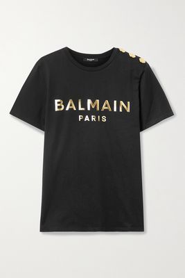 Balmain - Button-embellished Printed Cotton-jersey T-shirt - Black