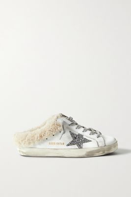 Golden Goose - Superstar Sabot Shearling-lined Distressed Glittered Leather Slip-on Sneakers - White