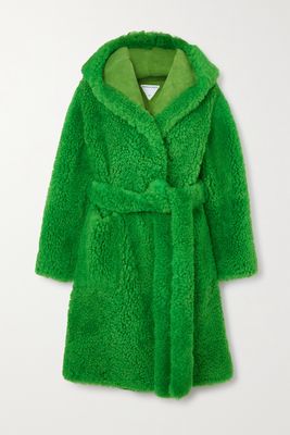 Bottega Veneta - Hooded Belted Shearling Coat - Green