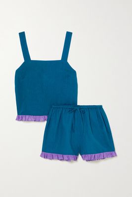 Dora Larsen - Karla Ruffled Linen And Organic Cotton-blend Pajama Set - Blue