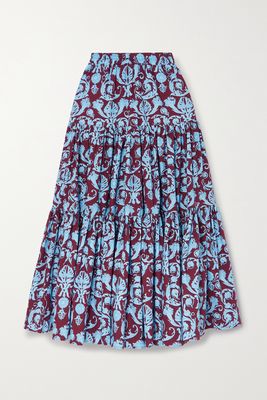 La DoubleJ - Big Tiered Printed Cotton-poplin Maxi Skirt - Blue