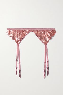 Fleur du Mal - Lily Foil Satin-trimmed Embroidered Stretch-tulle Suspender Belt - Pink
