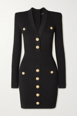 Balmain - Button-embellished Ribbed-knit Mini Dress - Black