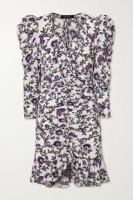Isabel Marant - Bireya Ruched Printed Silk-blend Crepe Mini Dress - Ecru