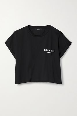 Balmain - Cropped Flocked Cotton-jersey T-shirt - Black