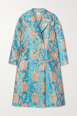 Huishan Zhang - Helen Double-breasted Floral-brocade Coat - Blue