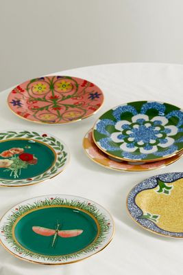 La DoubleJ - Set Of Six 20cm Gold-plated Porcelain Dessert Plates - Green