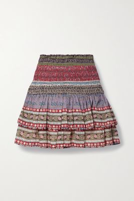 Sea - Brooke Shirred Ruffled Printed Cotton-voile Mini Skirt - Burgundy