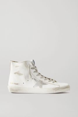Golden Goose - Francy Glittered Distressed Leather And Suede High-top Sneakers - White