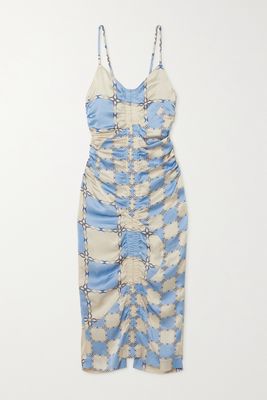 Ahluwalia - Augusta Ruched Printed Silk-satin Midi Dress - Neutrals