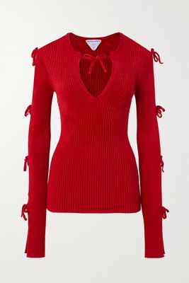 Bottega Veneta - Tie-detailed Ribbed-knit Sweater - Red
