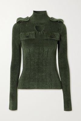 Bottega Veneta - Cutout Ribbed Velour Turtleneck Sweater - Green