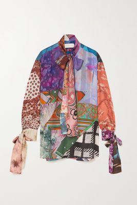 Conner Ives - Oversized Pussy-bow Patchwork Silk-blend Blouse - Blue
