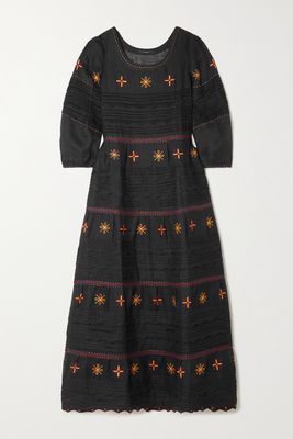 Vita Kin - Karina Pintucked Embroidered Linen Midi Dress - Black