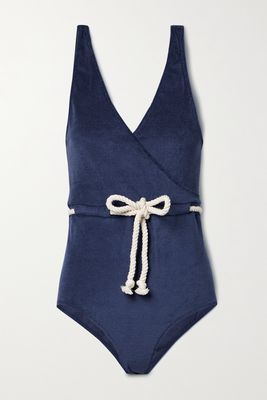 Lisa Marie Fernandez - Yasmin Wrap-effect Rope-detailed Stretch-cotton Terry Swimsuit - Blue