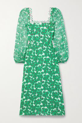 HVN - Matilda Appliquéd Floral-print Voile And Silk-chiffon Midi Dress - Green