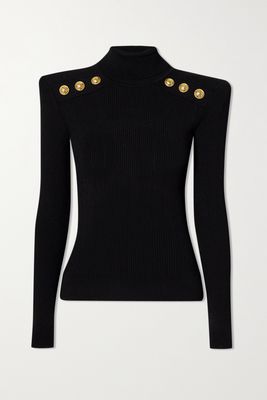 Balmain - Button-embellished Ribbed-knit Turtleneck Sweater - Black