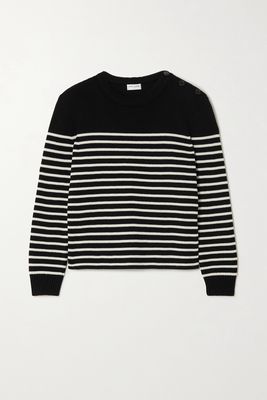 SAINT LAURENT - Button-embellished Striped Cotton And Wool-blend Sweater - Black