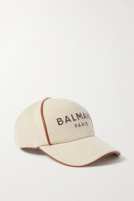 Balmain - Leather-trimmed Printed Cotton And Linen-blend Canvas Baseball Cap - Neutrals