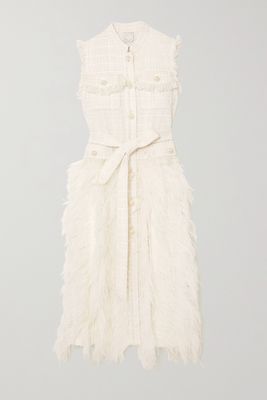 Huishan Zhang - Wyatt Feather-trimmed Tweed And Pleated Crepe Dress - Ivory