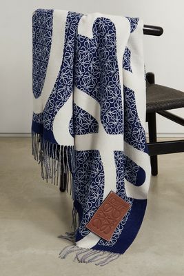 Loewe - Fringed Leather-trimmed Wool-jacquard Blanket - Blue