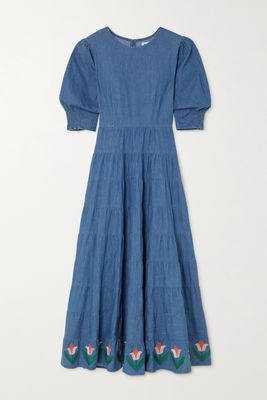 RIXO - Kristen Tiered Embroidered Denim Maxi Dress - Blue