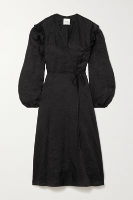 Patou - Ruffled Crinkled-satin Wrap Midi Dress - Black