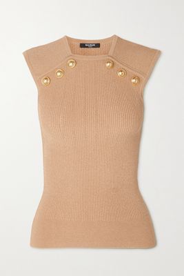 Balmain - Button-embellished Ribbed-knit Top - Neutrals