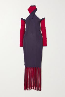 Bottega Veneta - Cutout Fringed Ribbed Stretch-knit Dress - Purple