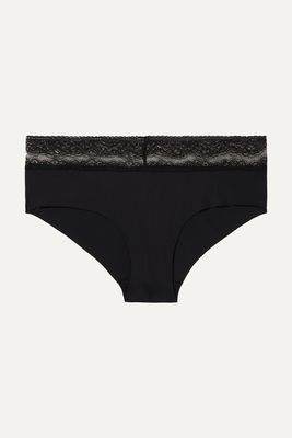 SIX - Rosa Leavers Lace-trimmed Stretch-jersey Briefs - Black