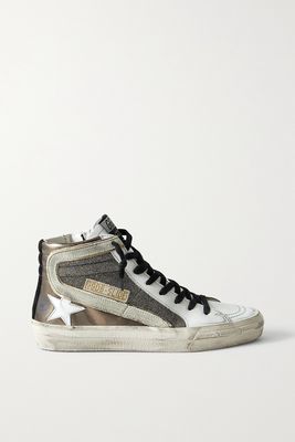 Golden Goose - Slide Distressed Suede-trimmed Leather And Lurex High-top Sneakers - Metallic