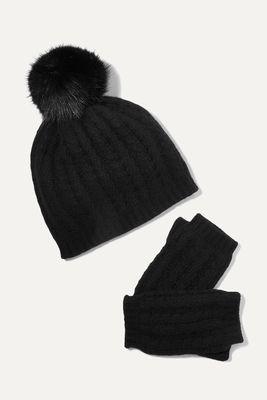 Portolano - Faux Fur-trimmed Cable-knit Cashmere Beanie And Fingerless Gloves Set - Black