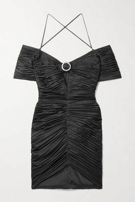 RASARIO - Embellished Ruched Satin Mini Dress - Black